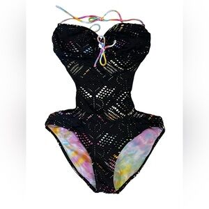 OP Black and Pink One Piece Swimsuit with Plunging Neckline